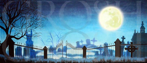 Addams Family Graveyard With Full Moon Backdrop Projection